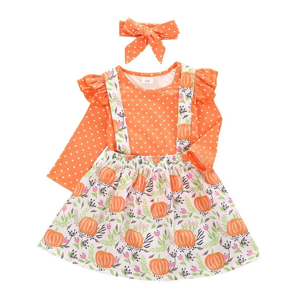 Toddler Baby Girls Halloween Outfit Custom Ruffle T-Shirt Pumpkin Suspender Skirt+Headband Skirt Set